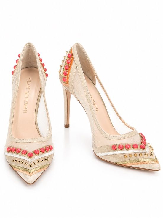 Stuart Weitzman Shoes - Stuart Weitzman Mesh Studded Pumps Coral Pink Embellished Pointed Toe Heels 36EU